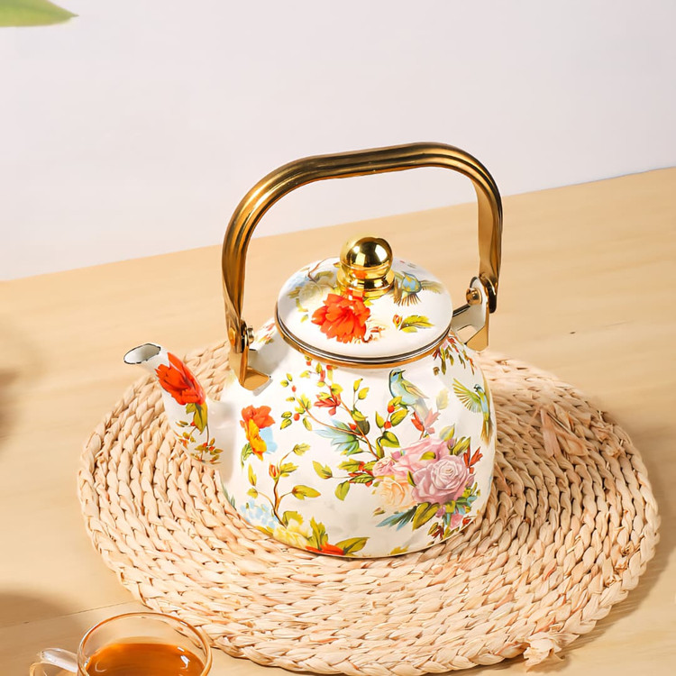 کتری لعابی طرح گل و پرنده