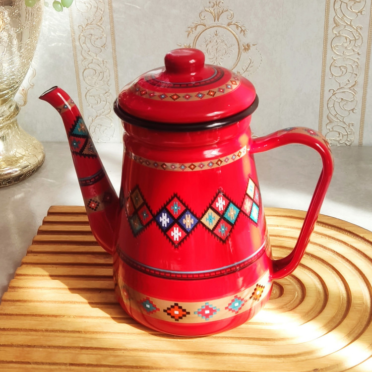 کتری لعابی طرح سنتی قرمز