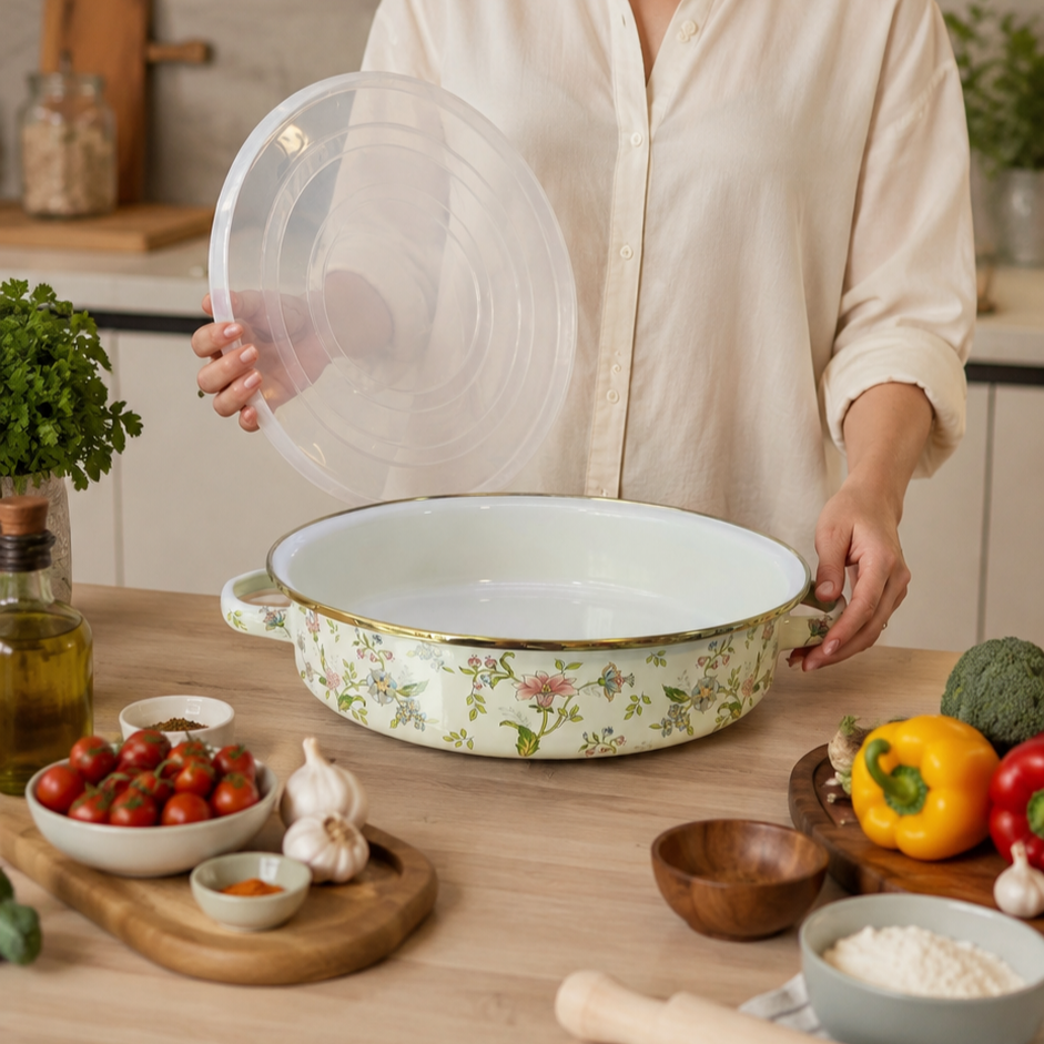 ماهیتابه لعابی طرح گل‌های بهاری